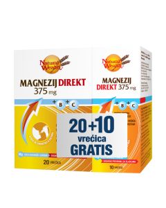 Natural Wealth Magnezij Direkt 375 mg +B+C 20+10 - Granule za otapanje u ustima osvježavajućeg okusa, s prirodnim aromama naranče i limuna. Bijelo narančasto plava kutija proizvoda na bijeloj pozadini.