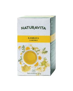 Naturavita Čaj kamilica 20 vrećica x 1 g -  sastoji se od pažljivo odabranih i sušenih cvjetova kamilice, kao jedna od najpoznatijih i najstarijih biljaka, kamilica uvjerava svojim finim blagim okusom i zlatnožutom bojom.