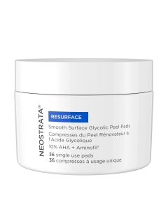 Neostrata Resurface Smooth Surface Glycolic Peel 60 ml - dnevni piling koji potiče izmjenu stanica i eksfolijaciju, bolji ten i smanjenje finih linija i bora. Bijelo tamno plava posudica proizvoda na bijeloj pozadini.