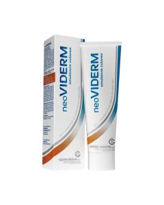 neoVIDERM Emulzija 100 ml - emulzija djeluje na svim razinama zaštite i obnavljanja kože. Obnoviti će hidrolipidnu barijeru, vratiti normalne uvjete fiziološke obrane kože. Bijelo plavo narančasta kutija i tuba proizvoda na bijeloj pozadini.