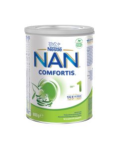 Nestlé NAN COMFORTIS 1 zamjensko mlijeko 0 - 6 mj. 800 g - početna mliječna hrana za zdravu dojenčad. Bijelo zeleno plava limenka na bijeloj pozadini.
