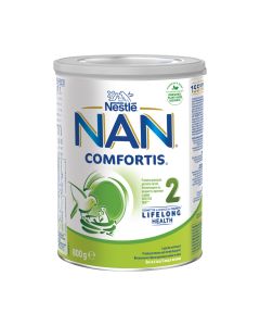 Nestlé NAN COMFORTIS 2 zamjensko mlijeko 6 - 12 mj. 800 g - prijelazna mliječna hrana za dojenčad, namijenjena dojenčadi od 6. mjeseci nadalje. Bijelo zeleno plava limenka na bijeloj pozadini.