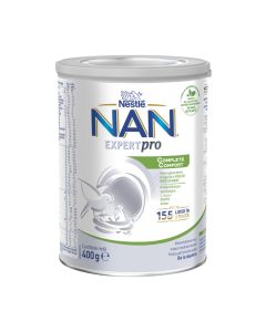Nestlé NAN Complete Comfort zamjensko mlijeko 0 - 12 mj. 400 g - namijenjena je za prehranu djece s blažim probavnim smetnjama, od rođenja. Bijelo zeleno plava limenka na bijeloj pozadini.