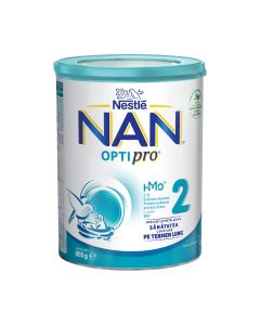 Nestlé NAN OPTIPRO 2 zamjensko mlijeko 6 - 12 mj. 800 g -  prijelazna mliječna hrana namijenjena za posebne prehrambene potrebe dojenčadi starije od 6 mjeseci. Bijelo zeleno plava limenka na bijeloj pozadini.