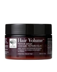 New Nordic Hair Volume maska za kosu 300 ml - dubinski hranjiva maska za obnavljanje koja sadrži proteine jabuke. Ljubičasto crno bijela posudica maske na bijeloj pozadini.