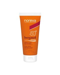 Noreva BERGASOL EXPERT FLUID SPF50+ - sadrži napredne solarne filtere i snažnu barijeru protiv radikala. Proizvod je u narančastoj tubi na bijeloj pozadini.