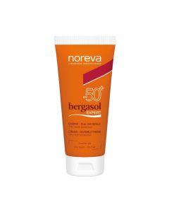 Noreva BERGASOL EXPERT KREMA SPF50+ - sadrži napredne solarne filtere i snažnu barijeru protiv radikala. Proizvod je u narančastoj boci s špricom na bijeloj pozadini.
