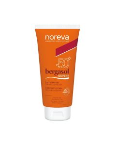 Noreva BERGASOL EXPERT LOSION SPF50+ - jamči poboljšanu zaštitu od oštećenja od sunca. Proizvod je u narančastoj tubi na bijeloj pozadini.