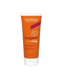 Noreva BERGASOL EXPERT MINERALNA KREMA SPF50 - Posebno formuliran za pružanje UVA/UVB visoke zaštite i optimalno siguran za korištenje na osjetljivoj dječjoj koži, od 3 godine. Proizvod je u narančastoj tubi na bijeloj pozadini.