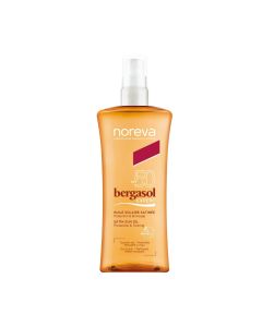 Noreva BERGASOL EXPERT SATIN ULJE SPF50 -  proizvod je za sunčanje koji sadrži vitamin E, koji pomaže u zaštiti od preranog starenja kože povezanog sa suncem. Proizvod je u smeđoj boci sa špricom na bijeloj pozadini.