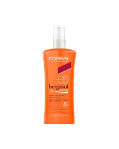 Noreva BERGASOL EXPERT SPREJ SPF30 - sadrži kvartet naprednih solarnih filtera i snažan anti-radikalni štit. Proizvod je u narančastoj boci s špricom na bijeloj pozadini.