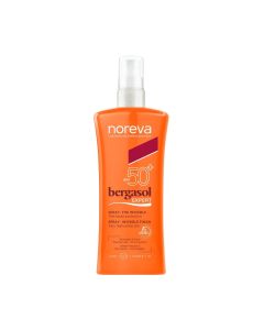 Noreva BERGASOL EXPERT SPREJ SPF50+ - Sadrži kvartet naprednih solarnih filtera i moćnu zaštitu od radikala. Proizvod je u narančastoj boci sa špricom na bijeloj pozadini.