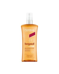 Noreva BERGASOL SUBLIM SATIN ULJE SPF30 - Bergasol suho, lagano i nemasno ulje se odmah upija u kožu i ostavlja ugodan miris. Proizvod je u smeđoj boci s špricerom na bijeloj pozadini.