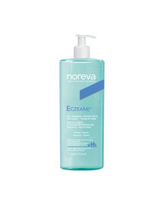 Noreva Eczeane nježni gel za pranje 1 L - s  nježnom bazom za čišćenje i prirodnim umirujućim agensima za obnavljanje lipida, bez sapuna, bez mirisa. Plavo bijela boca na bijeloj pozadini.