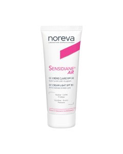 Noreva Sensidiane AR CC krema SPF30 - krema u boji posebno je formulirana za osjetljivu kožu sklonu rozaceji. Hidratizira, štiti, umiruje, smanjuje crvenilo... Bijelo roza tuba proizvoda na bijeloj pozadini.