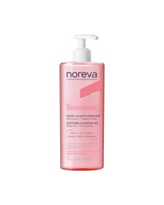 Noreva SENSIDIANE UMIRUJUĆI GEL ZA PRANJE 400 ml - nježno čisti lice i tijelo, smanjuje osjećaj iritacije i pomaže koži vratiti prirodnu ravnotežu. Bijelo roza boca s pumpicom na bijeloj pozadini.