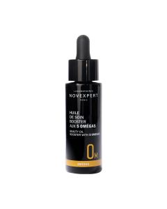 NOVEXPERT Booster Serum s 5 Omega 30 ml - intenzivno hrani kožu uz visoku koncentraciju 100% biljnih sastojaka protiv starenja. Crno bijelo narančasta bočica na bijeloj pozadini.