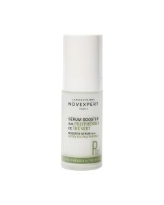 NOVEXPERT Booster serum s polifenolima - protiv tamnih mrlja 30 ml - djeluje na proces starenja, sivi ten i tamne mrlje, kako bi bio intervencija u svakom godišnjem dobu i bez obzira na tip kože. Bijelo zeleno crna bočica s pumpicom na bijeloj pozadini.