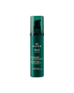 NUXE BIO Tonirana hidratantna krema za srednje tonove kože 50 ml - spoj hidratantne i tonirane kreme, ova organska* njega s bijelim čajem pruža prirodan izgled. Tamno zeleno zlatna bočica na bijeloj pozadini.
