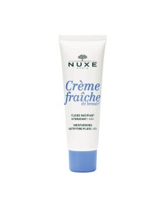 NUXE Crème Fraîche de Beauté 48-satni hidratantni matirajući fluid 50 ml - obogaćen biljnim mlijekom i uljem slatkog badema, osigurava hidrataciju kože i trenutni matirajući učinak. Bijelo plavo zelena tuba na bijeloj pozadini.