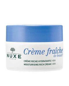 NUXE Crème Fraîche de Beauté Bogata hidratantna krema 50 ml - 48-satna bogata hidratantna krema za suhu kožu. Hrani kožu i povećava hidrataciju. Bijelo plava posudica na bijeloj pozadini.