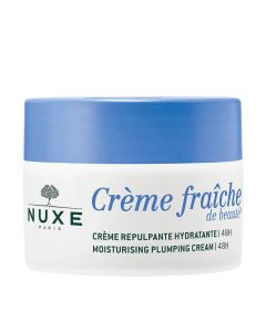 NUXE Crème Fraîche de Beauté Hidratantna krema 50 ml - krema obogaćena biljnim mlijekom i uljem slatkog badema, povećava hidrataciju kože do 48 sati*. Bijelo plava posudica proizvoda na bijeloj pozadini.