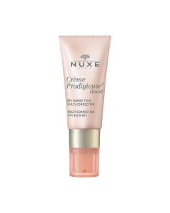 NUXE Crème Prodigieuse Boost Multikorektivni gel balzam za područje oko očiju 15 ml - osvjetljava područje oko očiju i za sve tipove kože je. Rozo zlatna tuba s pumpicom na bijeloj pozadini.