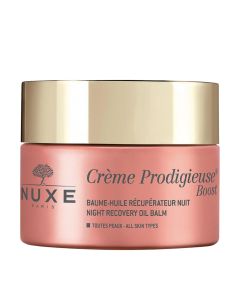 NUXE Crème Prodigieuse Boost Obnavljajući noćni uljni balzam 50 ml - pomaže koži da se obnovi tijekom noći od svih štetnih utjecaja svakodnevnog užurbanog života. Rozo zlatna posudica proizvoda na bijeloj pozadini.