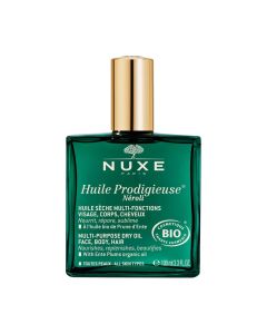 NUXE Huile Prodigieuse Čudesno suho ulje Néroli 100 ml - njeguje vaš sjaj i obnavlja kožu, dodatno će razmaziti vaša osjetila svojim aromatskim učinkom. Zeleno zlatna bočica proizvoda na bijeloj pozadini.