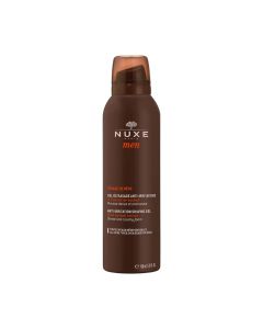 NUXE MEN Gel za brijanje 150 ml - omekšava dlake kako bi ih britvica temeljito odstranila, a ujedno smanjuje nastanak uraslih dlaka (derivat uree). Smeđe narančasta bočica s pumpicom na bijeloj pozadini.