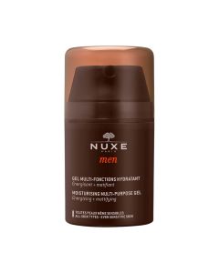 NUXE MEN Hidratantni gel za lice 50 ml - višenamjenski hidratantni gel za lice za sve tipove kože, čak i osjetljivu. Moć aktivnih ekstrakata hrasta i graba za mušku njegu. Smeđe narančasta bočica s pumpicom na bijeloj pozadini.