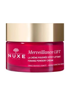 NUXE Merveillance Lift Dnevna učvršćujuća puderasta krema 50 ml - idealna je za normalnu do mješovitu kožu, njena puderasta tekstura pruža prirodno zaglađivanje nepravilnosti. Crveno zlatna posudica na bijeloj pozadini.