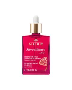 NUXE Merveillance Lift Učvršćujući aktivacijski uljni serum 30 ml - Pruža učinkovitost protiv starenja i vrhunski užitak s nježnim cvjetnim i mošusnim notama. Crveno zlatna bočica s pipetom na bijeloj pozadini.