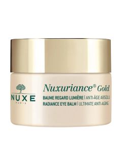 NUXE Nuxuriance Gold Blistavi balzam za područje oko očiju15 ml - za suhu kožu, oslabljenu godinama. Osvjetljava područje oko očiju, zaglađuje, revitalizira. Zlatno zelena posudica na bijeloj pozadini.