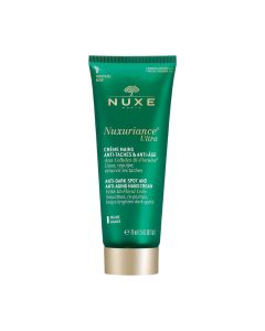 NUXE Nuxuriance Ultra Anti-age krema za ruke protiv pigmentacijskih pjega 75 ml - zaglađuje i obnavlja mladost kože ruku te posvjetljuje tamne mrlje. Tamno zeleno zlatna tuba na bijeloj pozadini.