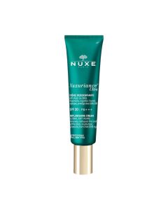 NUXE Nuxuriance Ultra Globalna obnavljajuća anti-age krema SPF 20 50 ml - obnavlja mladost kože, vraća joj punoću, čvrstoću i mladenački sjaj te štiti od UVA/UVB zračenja. Tamno zeleno zlatna tuba proizvoda na bijeloj pozadini.