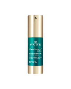 NUXE Nuxuriance Ultra Regenerativni anti-age serum 30 ml - obnavlja čvrstoću i punoću kože, ujednačava ten te sprječava nastanak pigmentacijskim mrlja. Tamno zeleno zlatna bočica s pumpicom na bijeloj pozadini.