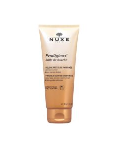 NUXE Prodigieux Uljni gel za tuširanje 200 ml - bez sapuna i isušivanja, nježno čisti kožu te ostavlja svilenkasti odsjaj i nježan miris na koži. Zlatno crna tuba proizvoda na bijeloj pozadini.