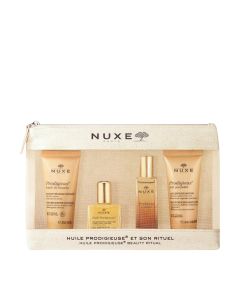 NUXE Putni Set Huile Prodigieuse Ritual ljepote - Uljni gel za tuširanje 30 ml + Bogato čudesno ulje 10 ml + Čudesni parfem 15 ml + Čudesni mirisni losion za tijelo 30 ml. Bež neseser sa zlatnim tubama i bočicama proizvoda u sebi na bijeloj pozadini.