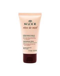 NUXE Rêve de Miel Krema za ruke i nokte 50 ml - ova krema za ruke i nokte s medom, dragocjenim biljnim uljima i vitaminom E hrani i obnavlja suhe i oštećene ruke. Bež smeđe zelena tuba na bijeloj pozadini.