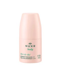 NUXE Rêve de Thé Dezodorans 50 ml - trio aktivnih sastojaka koji se prilagođavaju potrebama kože kako bi učinkovito spriječili mirise tijekom 24 sata. Rozo zeleni roll-on na bijeloj pozadini.
