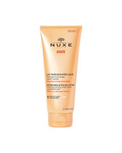 NUXE Osvježavajući losion poslije sunčanja 200 ml - za njegu kože lica i tijela obilno hidratizira, obnavlja i uljepšava kožu te produljuje preplanulost za 2 tjedna. Zlatna tuba proizvoda na bijeloj pozadini.
