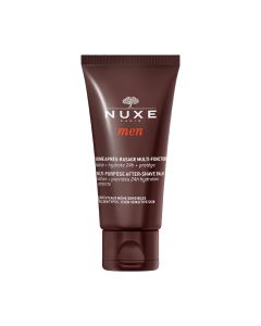 NUXE MEN Balzam poslije brijanja 50 ml - višenamjenski balzam poslije brijanja s ekstraktima hrasta i graba, umiruje nadraženu kožu i porezotine za sve tipove kože. Smeđe narančast tuba na bijeloj pozadini.