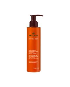 NUXE Rêve de Miel Gel za čišćenje lica i uklanjanje šminke 200 ml - čisti, omekšava i uklanja šminku u jednom potezu, dok je ujedno iznimno nježan prema vašoj koži. Narančasto smeđa bočica s pumpicom na bijeloj pozadini.