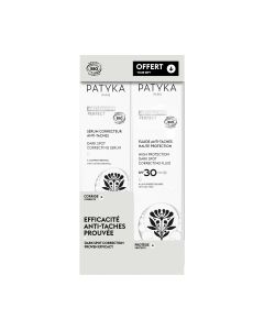 PATYKA ANTI-TACHES PERFECT SET (Korektivni serum protiv hiperpigmentacija 30 ml + GRATIS Korektivni fluid SPF30 protiv hiperpigmentacija 50 ml) - set protiv hiperpigmentacija. Bijelo srebrna kutija seta na bijeloj pozadini.