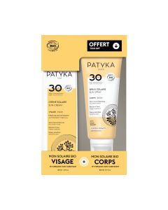 PATYKA SUN SPF 30 SET Krema za zaštitu lica SPF30 40 ml + GRATIS Sprej za zaštitu tijela SPF30 150 ml - set za zaštitu od sunca. Žuto bijelo crna kutija seta za zaštitu od sunca na bijeloj pozadini.