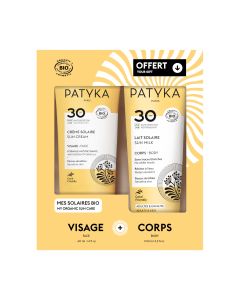 PATYKA SUN SPF 30 SET Krema za zaštitu lica SPF30 40 ml + GRATIS Sprej za zaštitu tijela SPF30 150 ml - set za zaštitu od sunca. Žuto bijelo crna kutija seta za zaštitu od sunca na bijeloj pozadini.