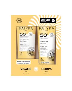 PATYKA SUN SPF 50+ SET (Krema za zaštitu lica SPF50+ 40 ml + GRATIS Sprej za zaštitu tijela SPF50+ 150 ml)  - set za zaštitu od sunca. Žuto bijelo crna kutija seta za zaštitu od sunca na bijeloj pozadini.