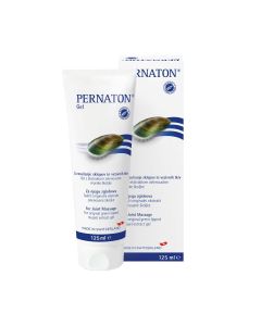 PERNATON Gel za masažu 125 ml - sadrži čisti ekstrakt novozelandske zelenousne školjke s visokom razinom glikozaminoglikana (GAG) i dragocjena eterična ulja. Bijelo plava kutija i tuba proizvoda na bijeloj pozadini.