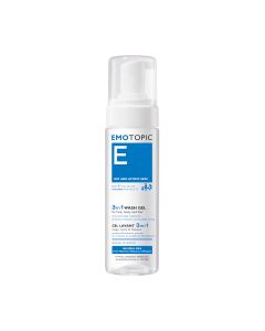 Pharmaceris EMOTOPIC gel za pranje 3 u 1 - Za svakodnevno čišćenje suhe i osjetljive kože lica i tijela, uključujući i vlasište, za odrasle i djecu od 1. dana života. Proizvod je u bijelo plavoj bočici s pumpicom na bijeloj pozadini.